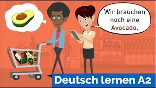 Deutsch lernen mit Dialogen / Tina und Daniel kaufen im Supermarkt ein. / Wortschatz Lebensmittel