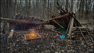 Solo Camping in the RAIN in a Bushcraft Shelter | Morning Snow