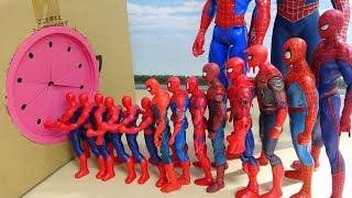 Various Spiderman go into Box in a row スパイダースすぽすぽ動画