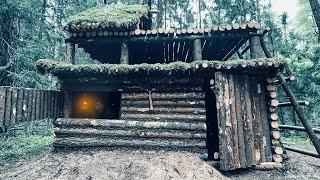 DUGOUT HUT WITH PENTHOUSE: A COZY PLACE FOR SURVIVAL IN THE WILD. CAMPING IN THE FOREST. PART 2
