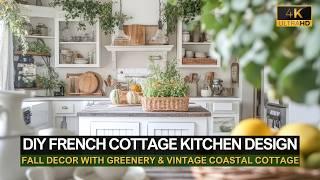 DIY French Cottage Kitchen Interior: Low Budget Fall Decor with Greenery & Vintage Coastal Cottage