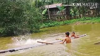 Dangerous small boy bathing  POND