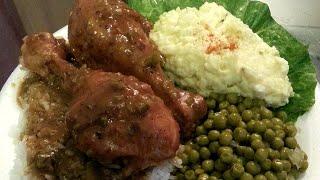 How to make Smothered Chicken with Brown Gravy Rice Green Peas and Potato Salad