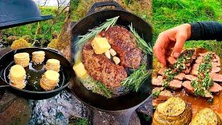 ️ Campfire Cooking Sirloin Steak with Potato Towers  ASMR Cooking in the Wild