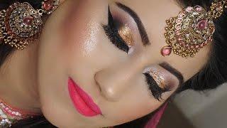 Real Bride | Engagement/Nikaah Asian Bridal Makeup | Gold Smokey Eyes And Bright Pink Lipstick