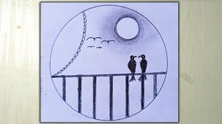 Simple Circle Drawing Tutorial | Two Birds on a Fence at Sunset 