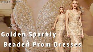 Hellymoon Women Golden Sequin Prom Dress Backless Sheath V Neck Party Dress