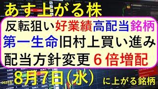 あす上がる株　2024年８月７日（水）に上がる銘柄東京海上、ソフトバンク、IHI、スズキ、ヤマハ発動機、出光興産、ダイキンの決算と日経先物の反発～最新の日本株情報。高配当株の株価やデイトレ情報も～