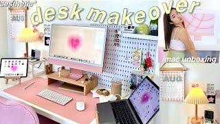 AESTHETIC DESK MAKEOVER! desk organization, setup for productivity, imac unboxing, + stationary haul