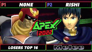 Apex 2022 Top 16 - n0ne (Captain Falcon) Vs. Rishi (Marth) SSBM Melee Tournament