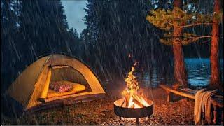 A rainy night tent camping next to the fire to help you sleep #rain, #sleepnoise