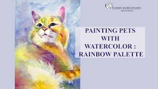 Learn to paint animals: rainbow palette for a realistic cat portrait in watercolor