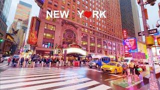 New York Rainy Day Walk - Columbus Circle through Time Square 4K NYC