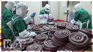 How Korean blood sausage 'SUNDAE' is made in factories! / 한국 소세지, 피순대 만들어지는 과정!