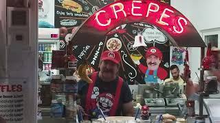 Super Mario crêpe guy in Stalida, Crete, one man show 