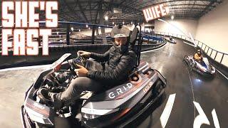 RACING MY WIFE ON SUPER FAST THREE STORY GO KART RACE TRACK | WHO WILL WIN 1ST PLACE | THE GRID