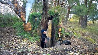 Building a warm and cozy shelter for survival inside a fallen poplar tree | Secret wooden shelter