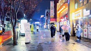 [4K] Midnight Walking in Rain in Hongdae Seoul, 2023 First Raining in Seoul ,Seoul City Sound