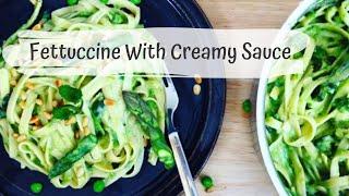 Creamy Asparagus and Pea Fettuccine | eVeganRecipes