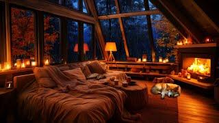 Cozy Gentle Autumn Rain with Crackling Fire with Cat & Dog - Sleep, Relax, Study