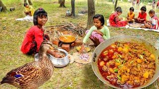 santali tribe children cooking DUCK MEAT CURRY for their village picnic ||rural india orissa