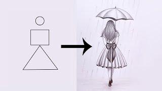 Easy Pencil sketch - step by step || How to draw a girl walking in the rain with an umbrella