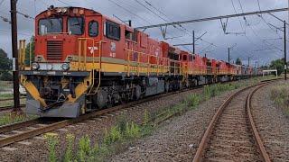 South African Railways class 44GE diesel locomotives departing from Lions River station.