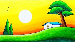 How to Draw Easy Scenery of Sunset, Trees and House | Super Simple Sunset Scenery Drawing