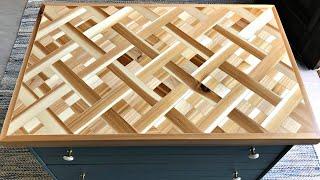 I am LOVING this DIY Wood Mosaic Table Top - Geometric Wood Art Table Top