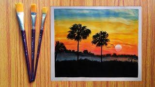 Sunrise painting for beginners || poster colour painting || palm ll