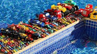 Disney Pixar Cars falling into deep pool, Lightning McQueen, Tow Mater, Mack, Sally, Francesco