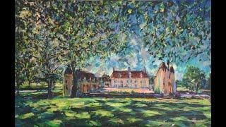 Painting a large canvas of the Chateau Breuil Yvain. En plein air.