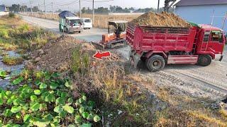 Start a Solid Landfill Task with KOMATSU Bulldozer and Dump Truck 5ton! Pouring Soil, Mix VDO