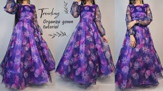 Organza long dress cutting and stitching/anarkali organza frock cutting and stitching/umbrella frock