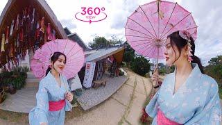 VR360 META - Girl In Kimono Walking In Koi Park In Japan
