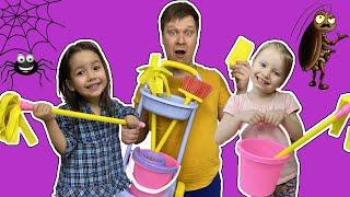 Milana Star pretend play cleaning up with sleepy dad and Amelka