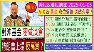 對沖基金 密做淡倉 特朗普上場 反高潮？/RGTI 3X超買 怎部署/NVDA頭肩頂未確認 可否博/TSLA雙頂跌浪 能否瓦解/RIVN怎放紙鳶/LCID食糊睇這個價/2025-01-05