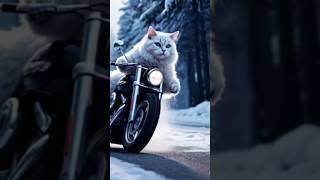 Whitest Cat with Blue Eyes Performs Daring  Motorcycle Stunt in Snowy Wonderland / kitty / #shorts