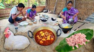 Chicken Curry With Shak Bhaji Cooking And Eating By Our Village Mother And Son । Rural life