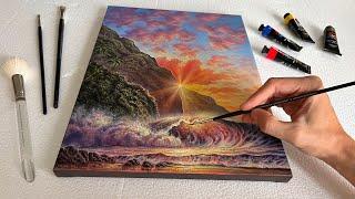 How to PAINT a Sunset Wave Seascape | Acrylic Painting for Beginners