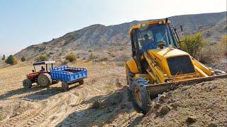 Backhoe Operator Uprooting Tree And Loading Soil In Tractor 