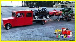 Mini Rollback Broke Down Powered Ride On Dodge Ram Grave Digger Lightning McQueen on the Trailer