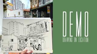 Demo: a line drawing of a streetscape, on location