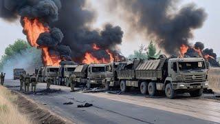 A convoy of 600 US and German ammunition trucks was blocked by dozens of Russian T-90 tanks