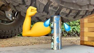 Crushing Crunchy and Soft things by car! Experiment tire crush vs metal drink tumbler!