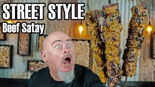 Street style charcoal grilled beef satay kebabs