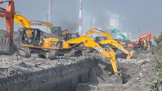 27 Excavator digging Power Plant Water Trench Flooded Mud Filled Working together | Excavators