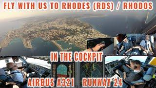 RHODES  (RHO)  | RHODOS | Beautiful visual approach runway 24 | Airbus A321 | Pilots + Cockpit