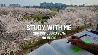 2hour STUDY WITH ME | Pomodoro 25/5 | Nature sounds, No music | Cherry Blossom Ending