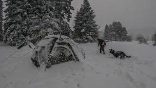 Caught in a Snowstorm - Winter Camping in Very Bad Weather, Hot Tent, Deep Snow, Strong Winds